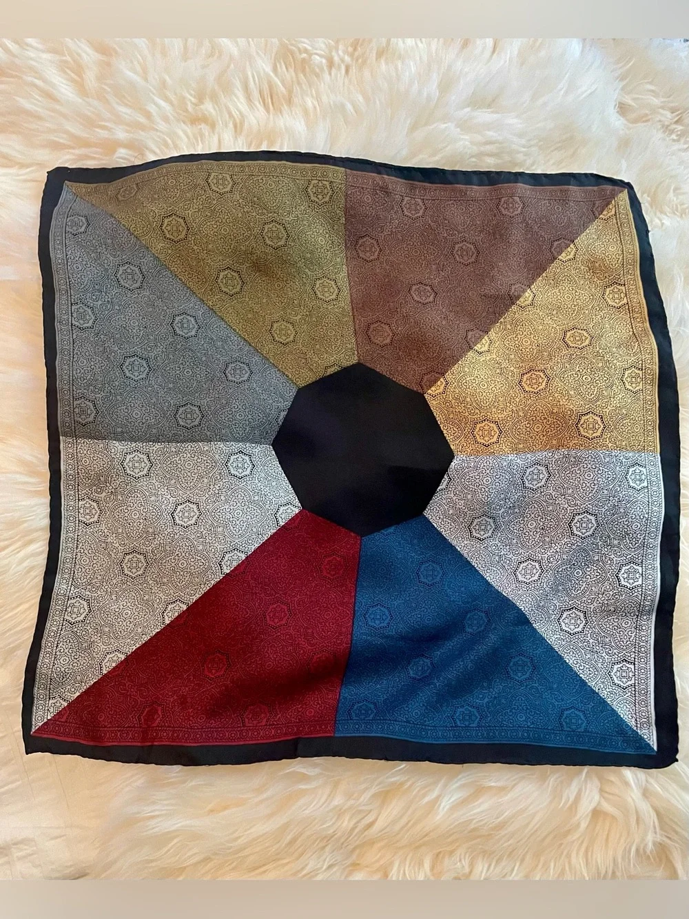 Silk Neckerchief Square Scarf EUC Approximately 18” x 18” Silver, Red, Blue Gold